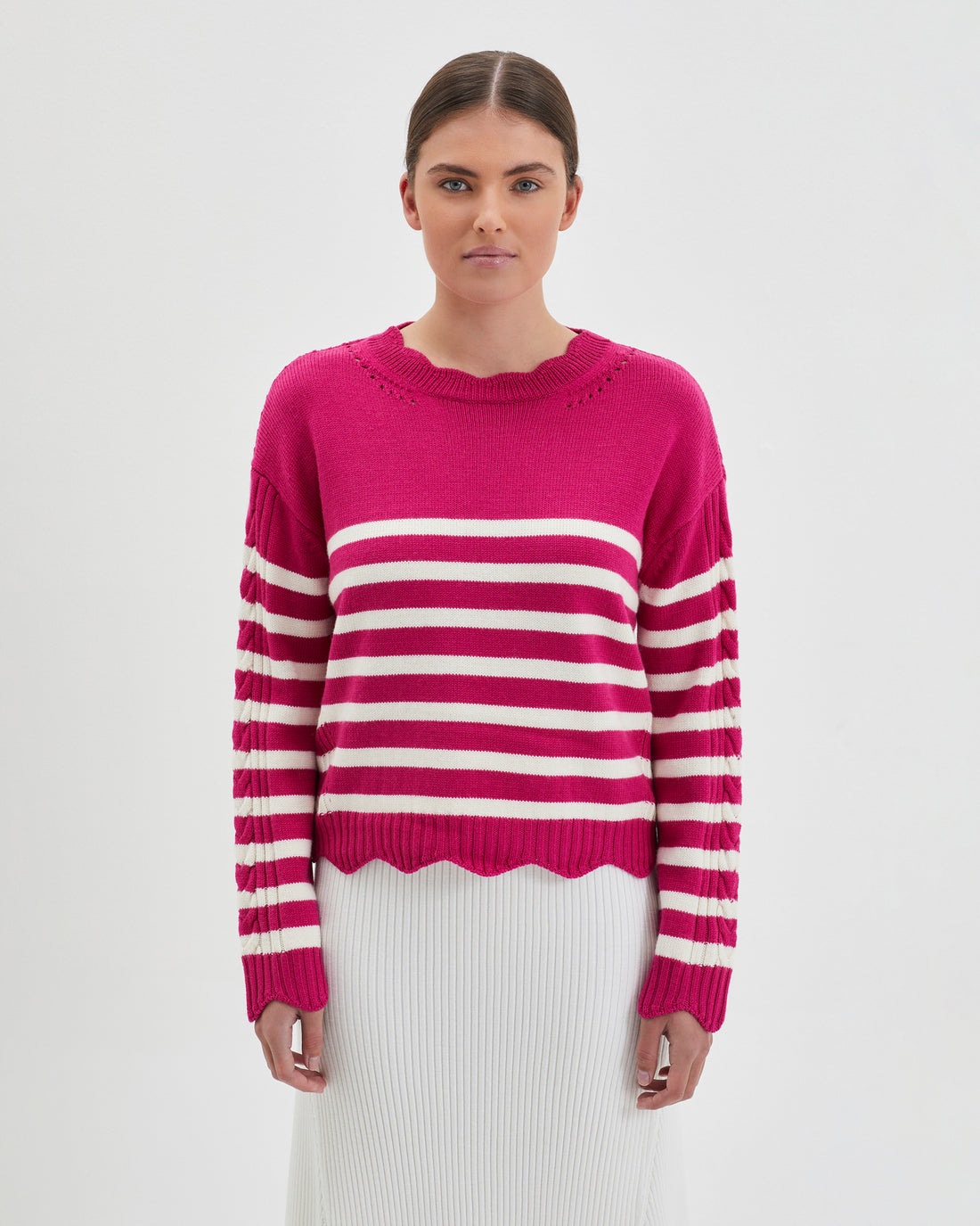 Striped Peony Scallop Wool Sweater with romantic scalloped details.