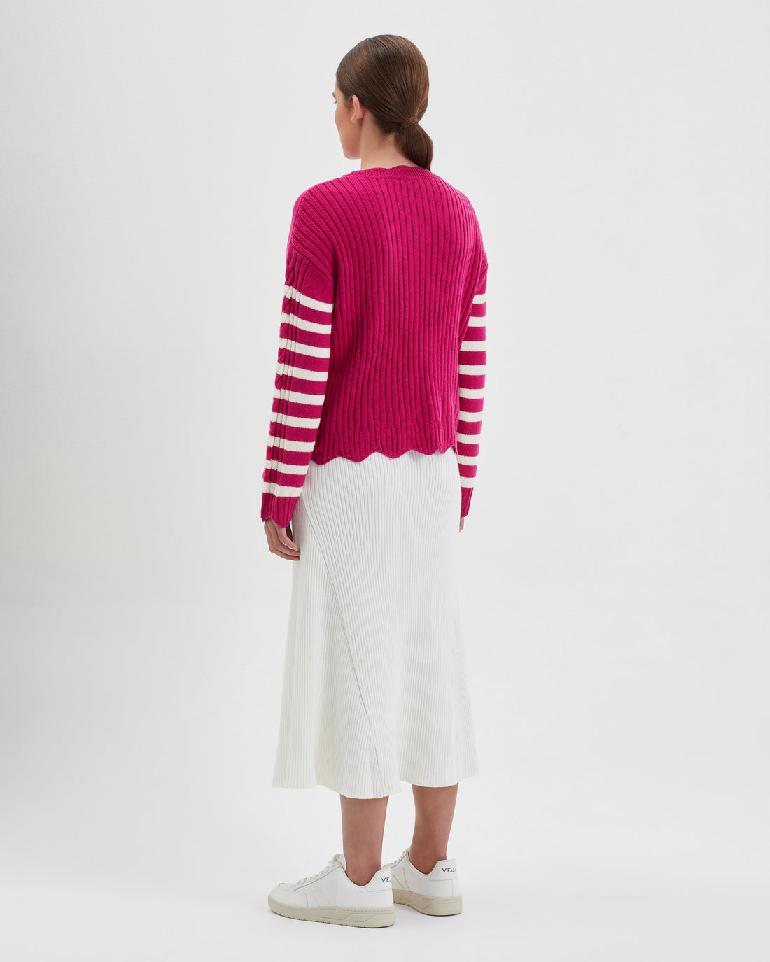 Peony striped womens knit sweater in wool with scalloped edges.