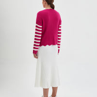 Peony striped womens knit sweater in wool with scalloped edges.