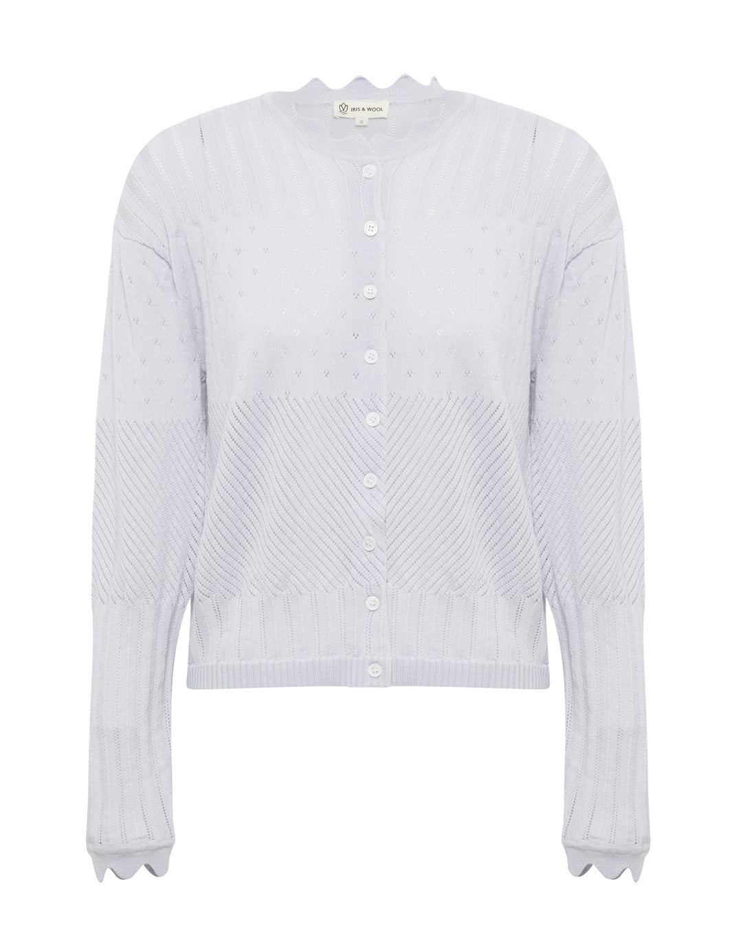 Close-up of pearl Elle Merino wool cardigan for layering