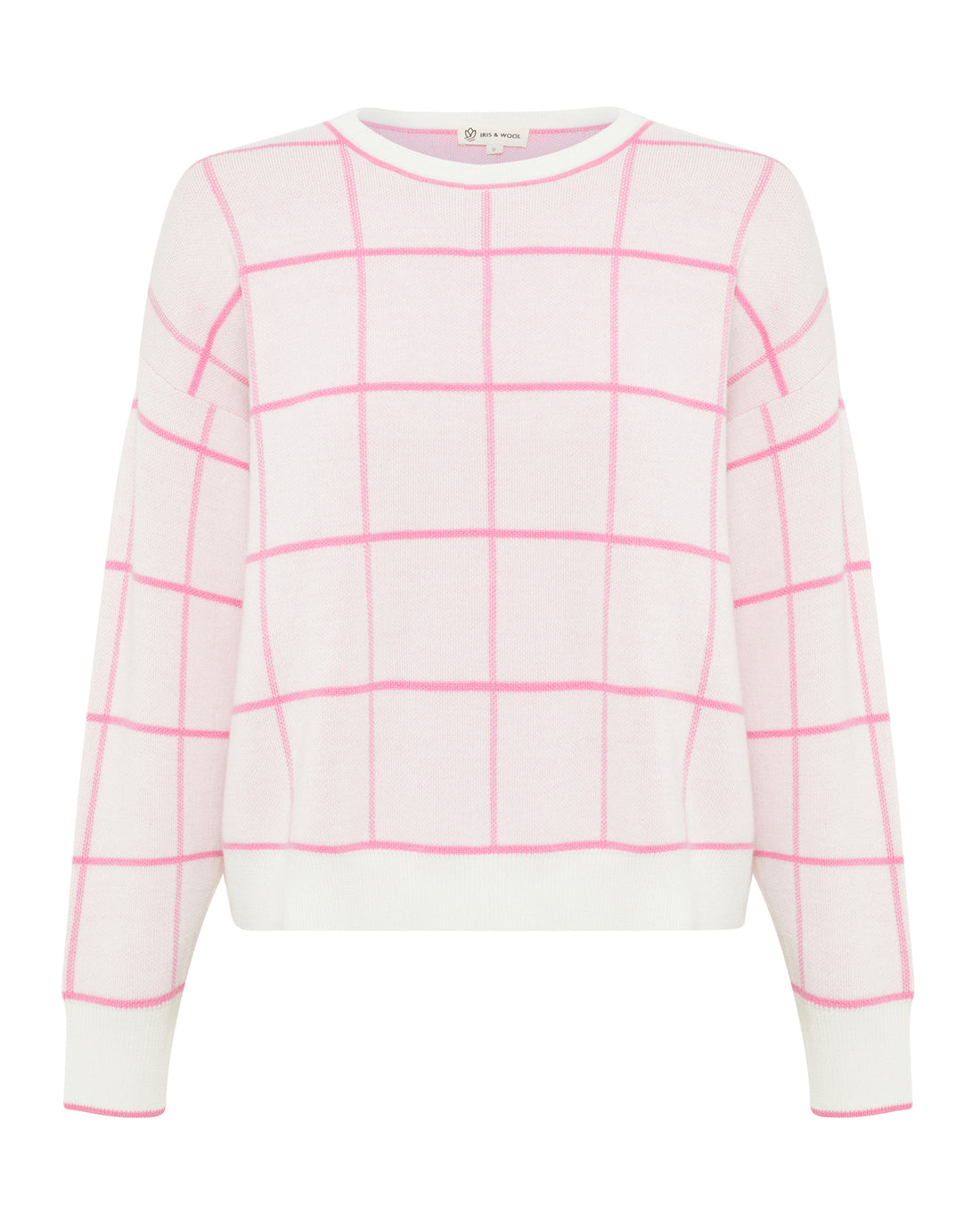 Close up of the pink Merino wool gingham jumper for women