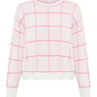 Close up of the pink Merino wool gingham jumper for women
