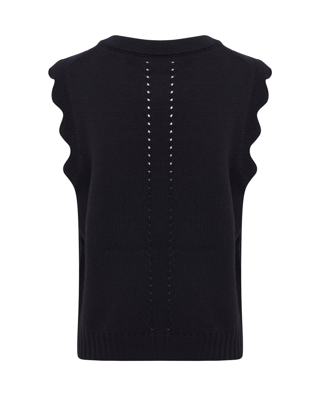Close up of back view of black Scallop Vest with intricate pointelle and scallop details.