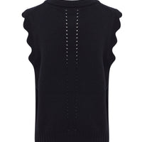 Close up of back view of black Scallop Vest with intricate pointelle and scallop details.