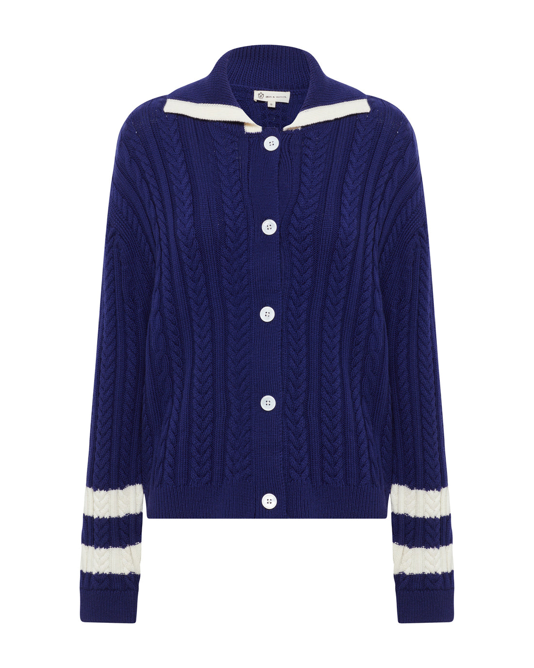 Close-up of navy Petrisse wool cardigan in classic knitwear style