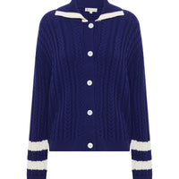 Close-up of navy Petrisse wool cardigan in classic knitwear style