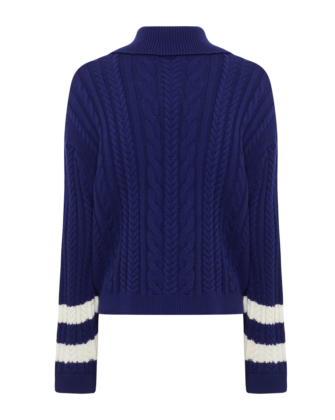back view of navy Petrisse wool cardigan in classic knitwear style