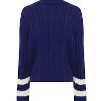 back view of navy Petrisse wool cardigan in classic knitwear style