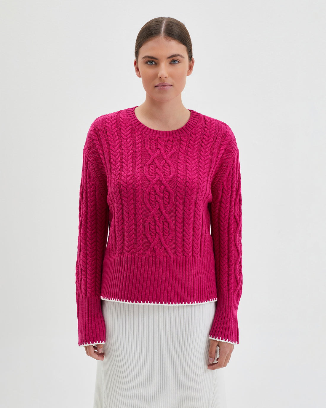 Pink peony Merino wool crochet sweater with cable design
