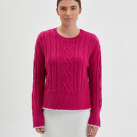 Pink peony Merino wool crochet sweater with cable design