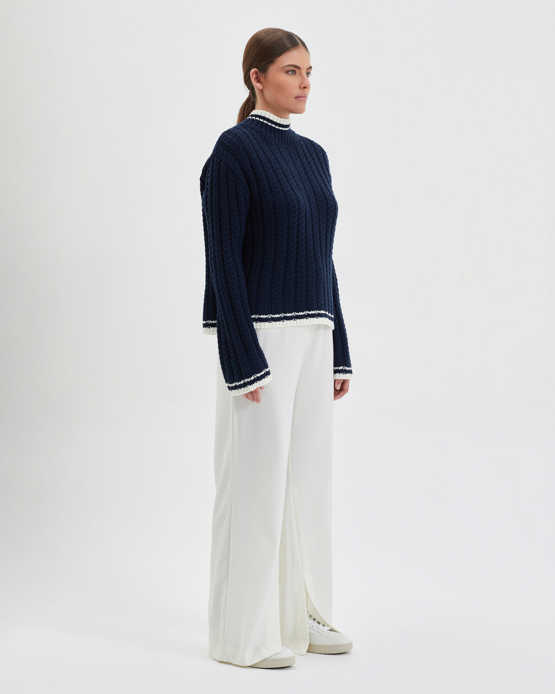 Mid-weight Katherine Sweater with contrasting cuffs, waistband, and neckline.