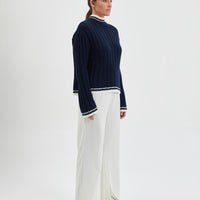 Mid-weight Katherine Sweater with contrasting cuffs, waistband, and neckline.