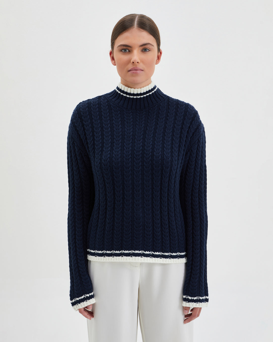 Katherine Sweater in Australian Merino wool blend with stylish contrast details.