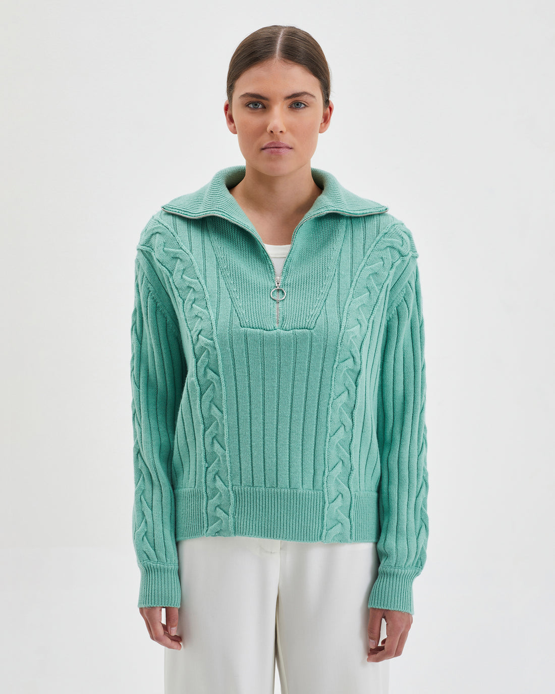 Sage Nerida Sweater in soft Australian Merino wool, featuring a half-zip.