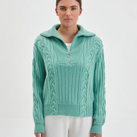 Sage Nerida Sweater in soft Australian Merino wool, featuring a half-zip.