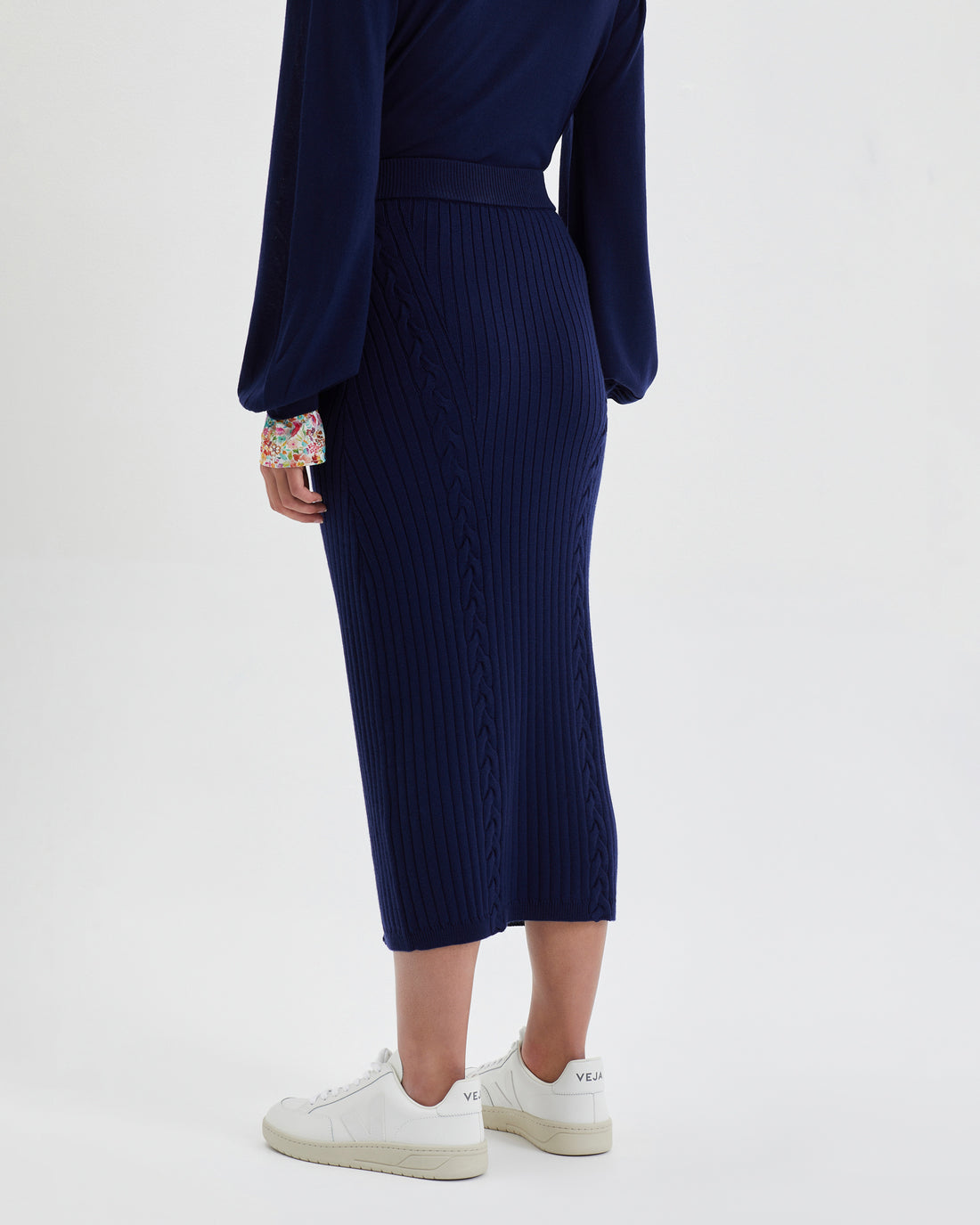 Cable merino wool navy midi skirt.