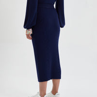 Cable merino wool navy midi skirt.