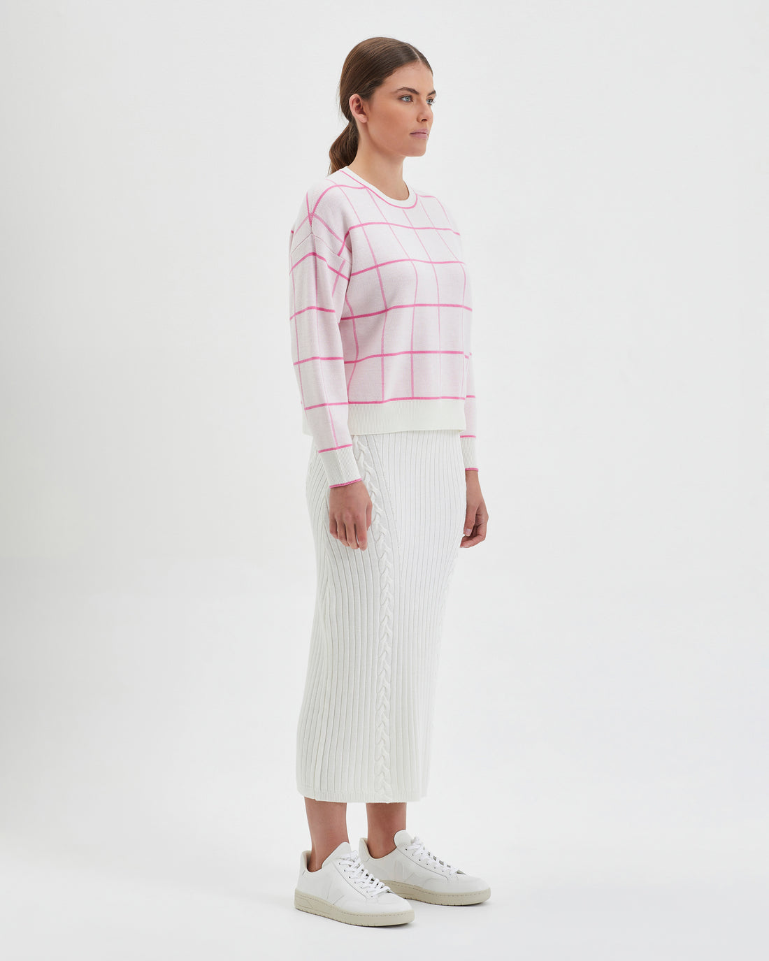 Comfortable pink Merino wool gingham jumper for layering