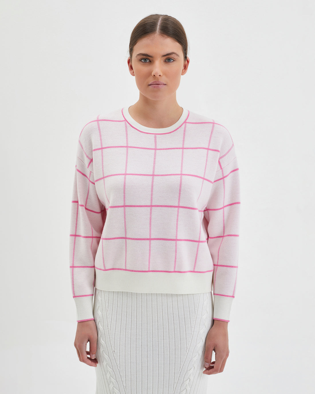 Pink gingham Merino wool jumper with windowpane checks