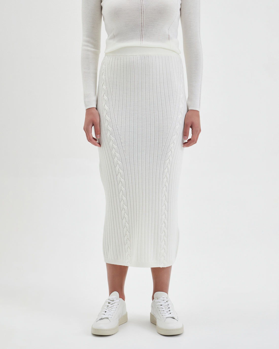 Ivory Grace Midi Skirt in merino wool with cozy A-line fit.