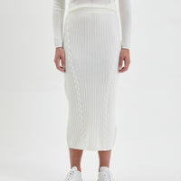 Ivory Grace Midi Skirt in merino wool with cozy A-line fit.