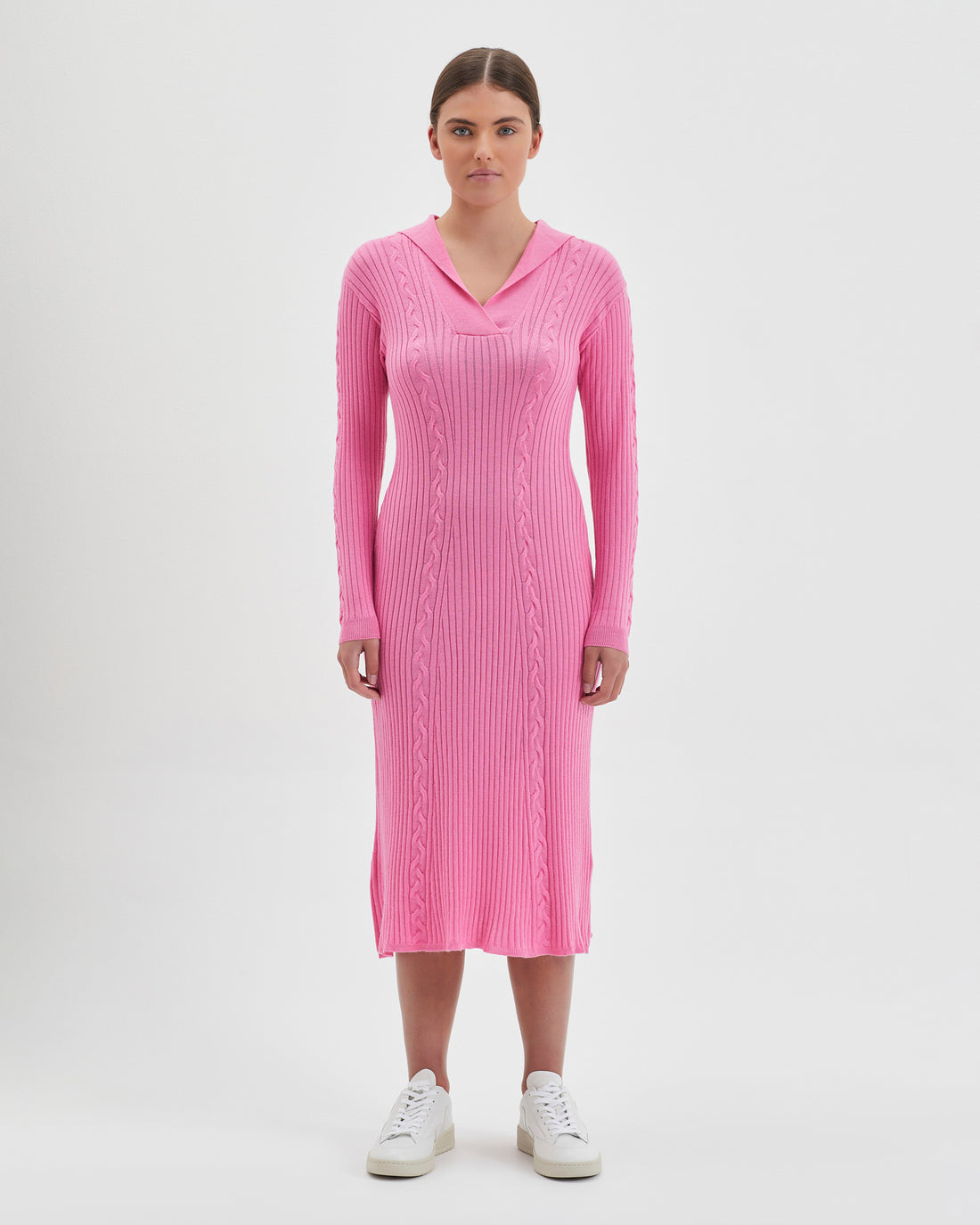 Candy Queenie Knit Dress with vertical cable details and lapel collar.