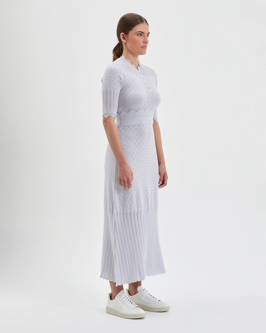 Pearl merino wool dress with corset-style bodice and button details
