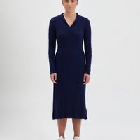 Navy Queenie Knit Dress with cable detailing and lapel-style collar.