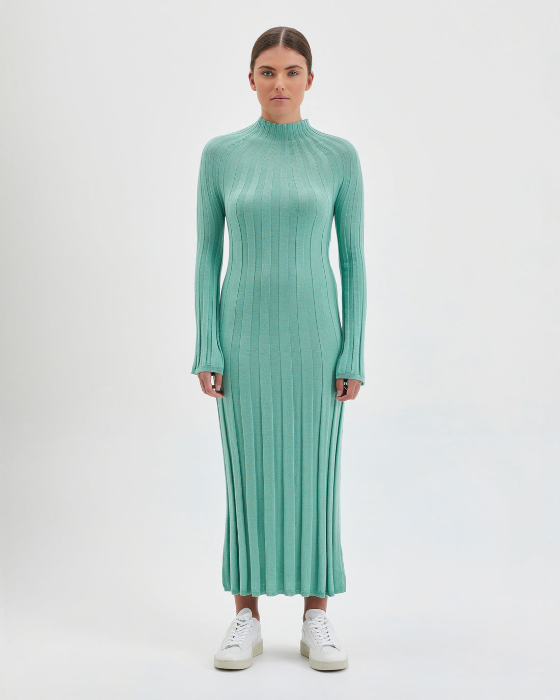 Sage Poppy Knit Dress with streamlined silhouette in merino wool