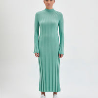 Sage Poppy Knit Dress with streamlined silhouette in merino wool