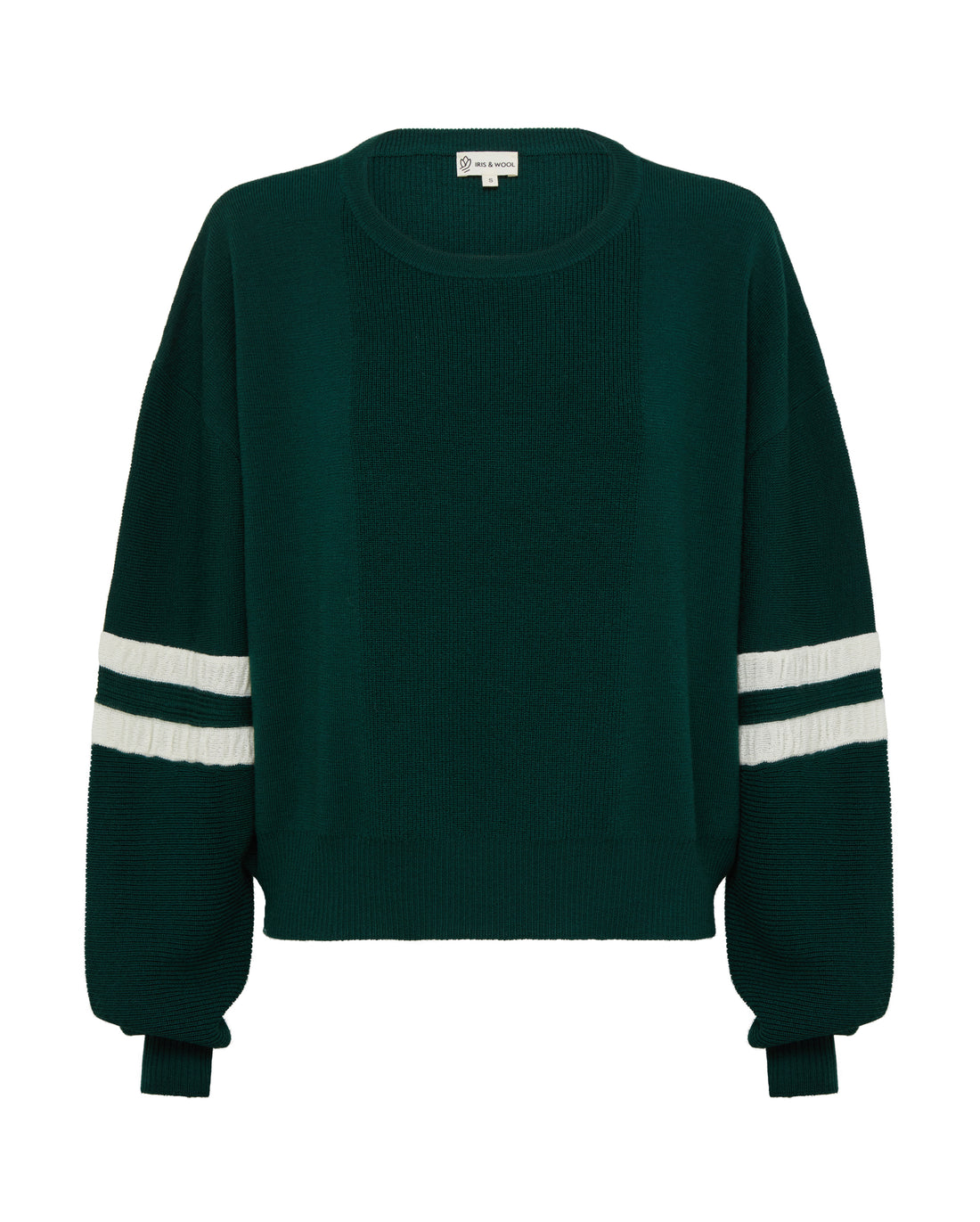 Close-up of Emerald Wool Sweater – breathable Merino wool with contrast striped sleeves