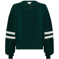 Close-up of Emerald Wool Sweater – breathable Merino wool with contrast striped sleeves