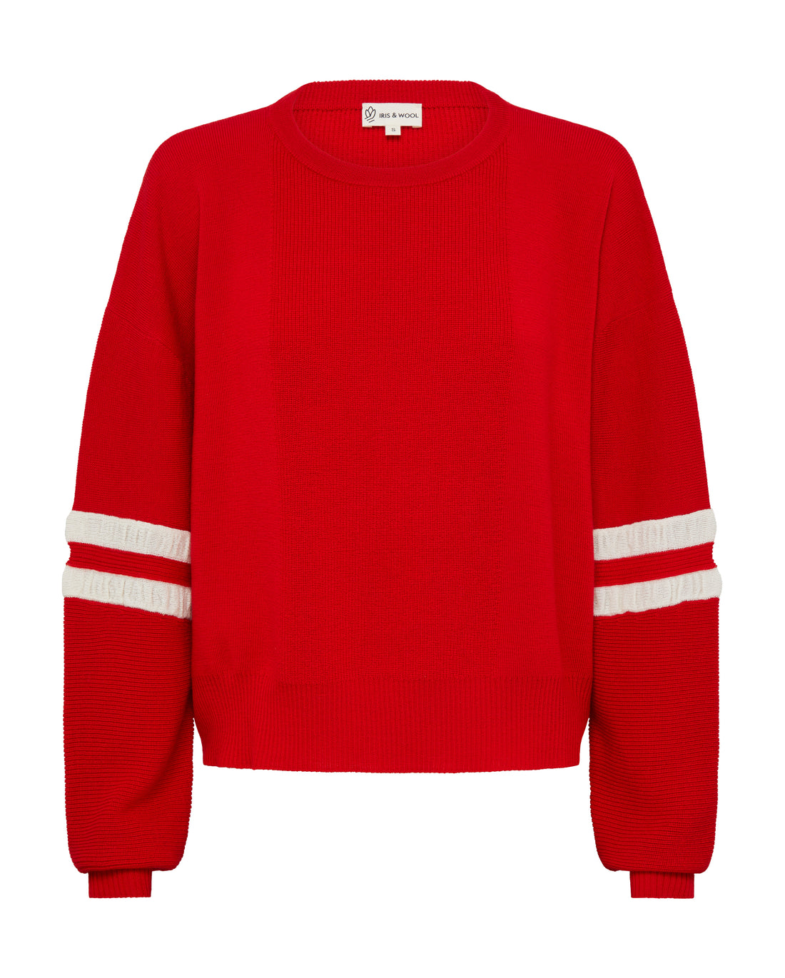 Close-up of Red Wool Sweater – soft Merino knit with contrast sleeve stripes
