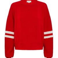 Close-up of Red Wool Sweater – soft Merino knit with contrast sleeve stripes