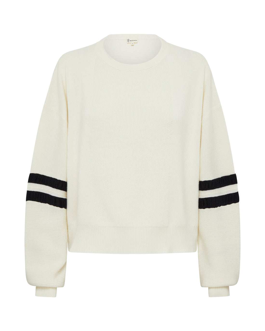Close-up of Cream Wool Sweater – soft Merino knit with contrast striped sleeves