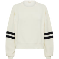 Close-up of Cream Wool Sweater – soft Merino knit with contrast striped sleeves