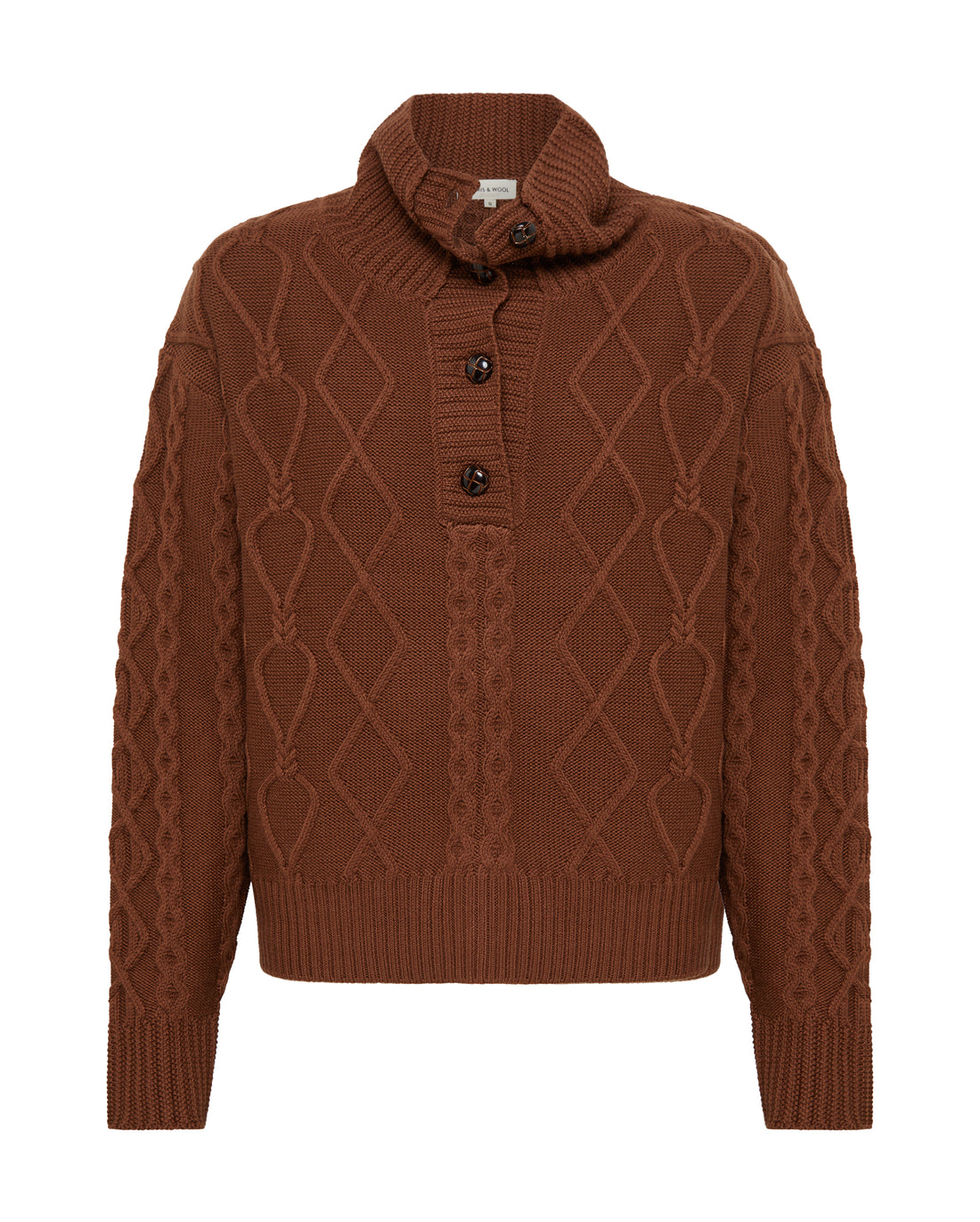 Close-up of Brown Wool Sweater – intricate cable-knit detailing with a structured button collar
