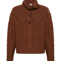 Close-up of Brown Wool Sweater – intricate cable-knit detailing with a structured button collar