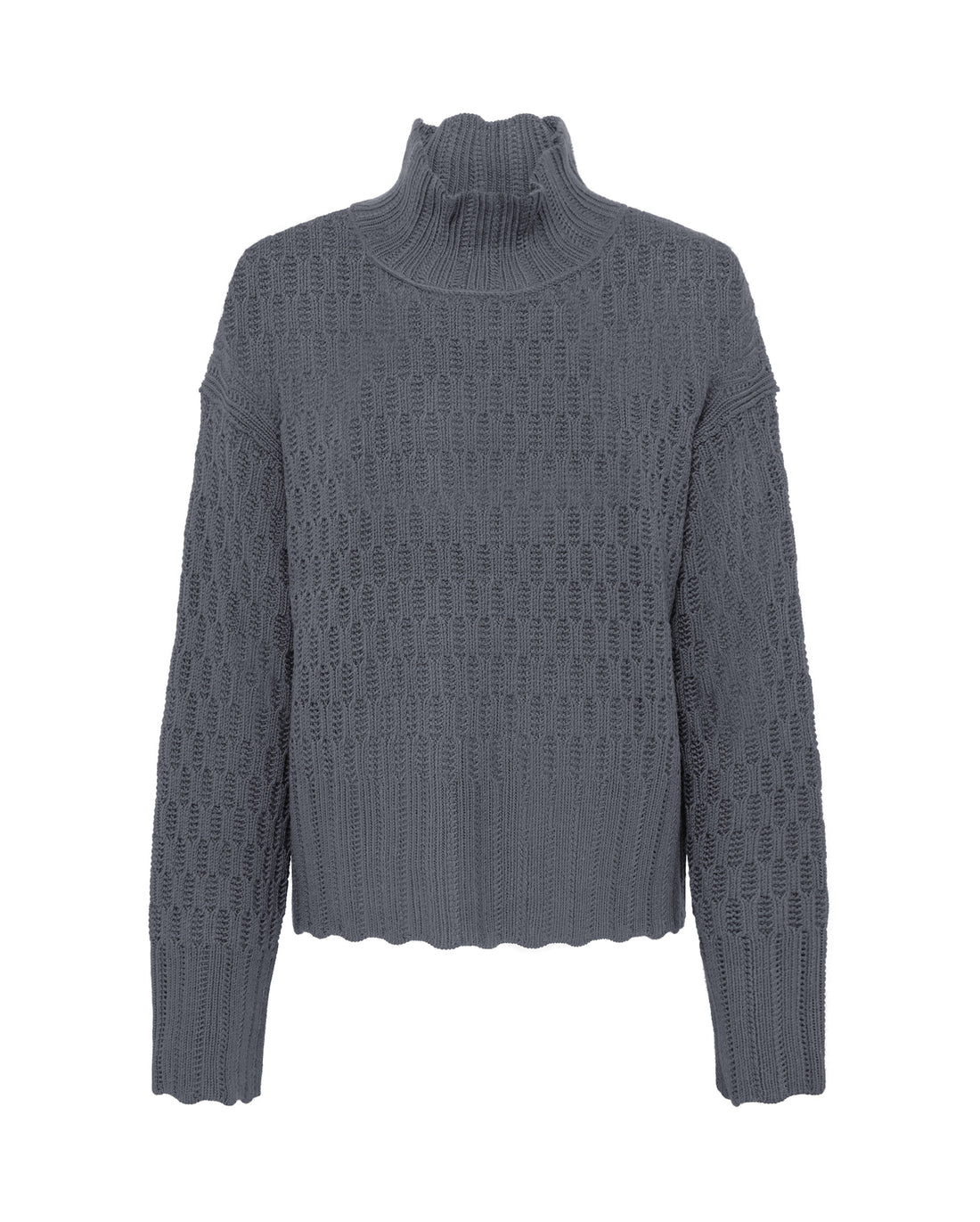 Close-up of Grey Wool Sweater – intricate open-knit detailing and ribbed cuffs