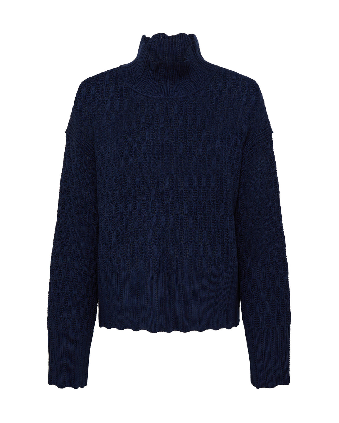 Close-up of Navy Wool Sweater – textured open-knit pattern with ribbed cuffs
