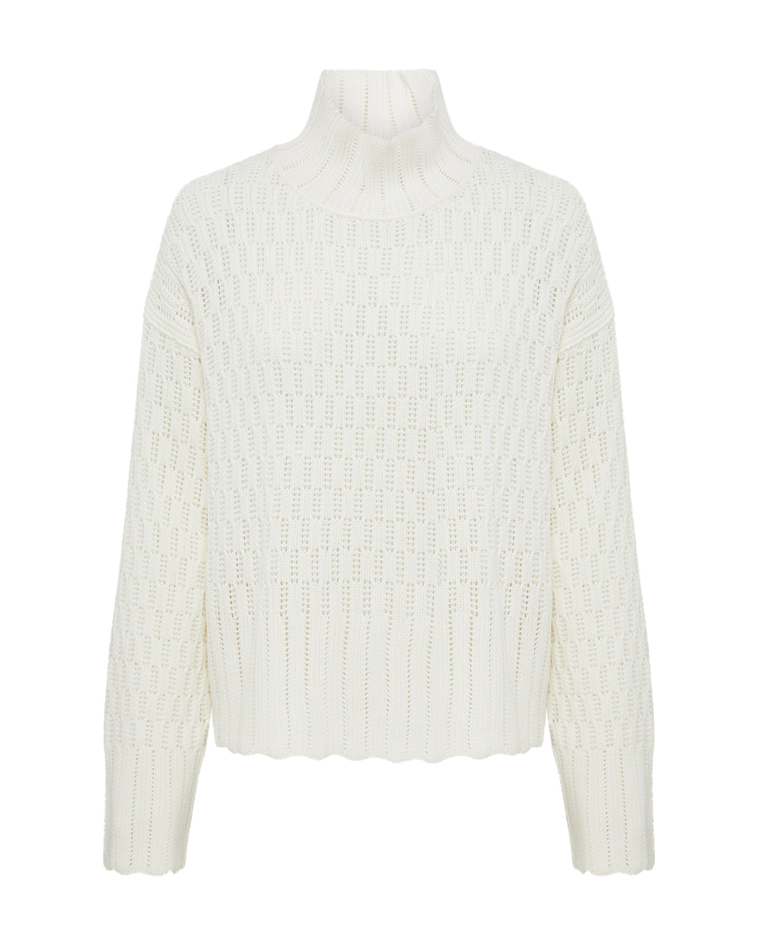 Close-up of Cream Wool Sweater – textured open-knit pattern with ribbed cuffs and hem