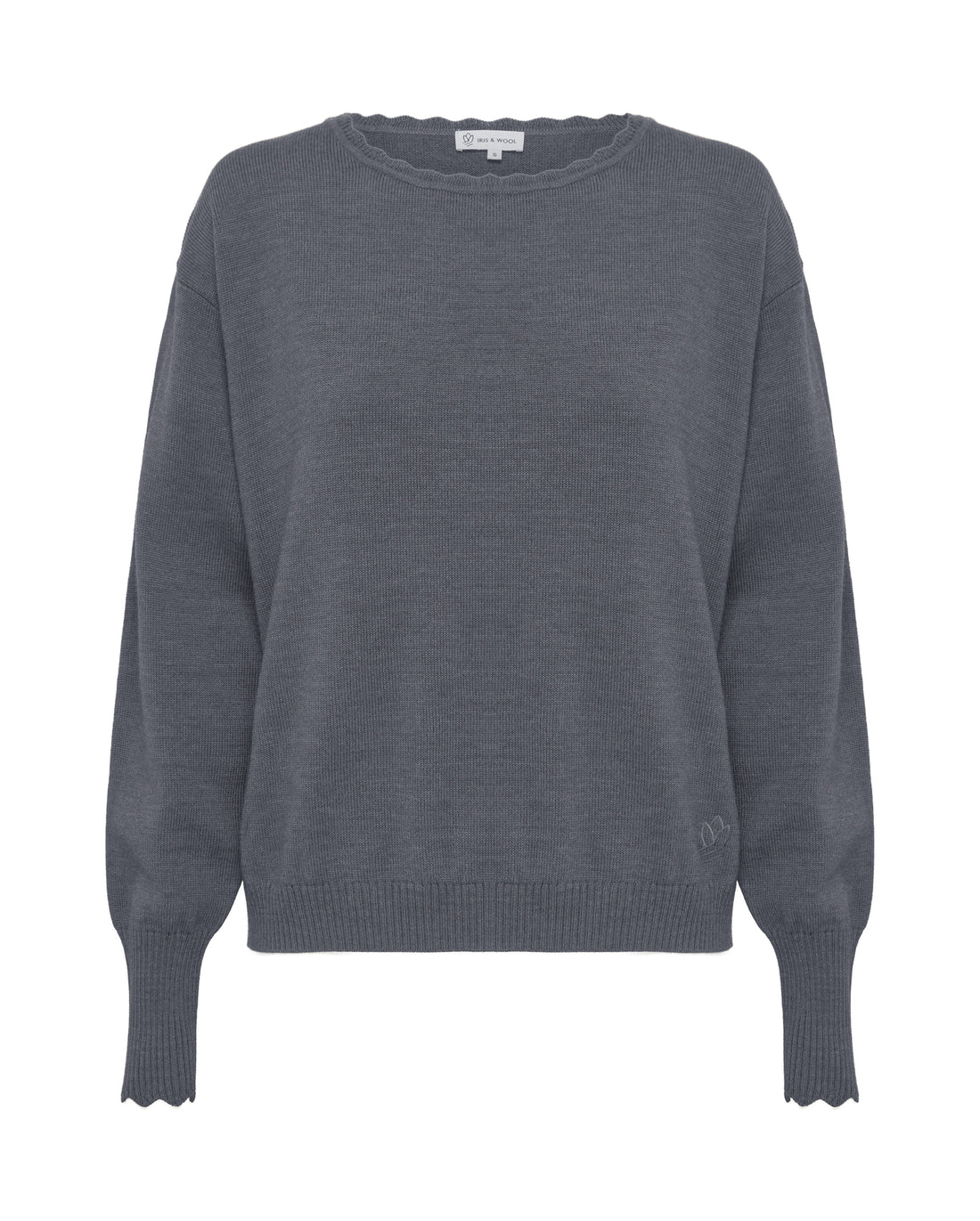 Close-up of Grey Merino Sweater – soft, breathable pure wool knitwear