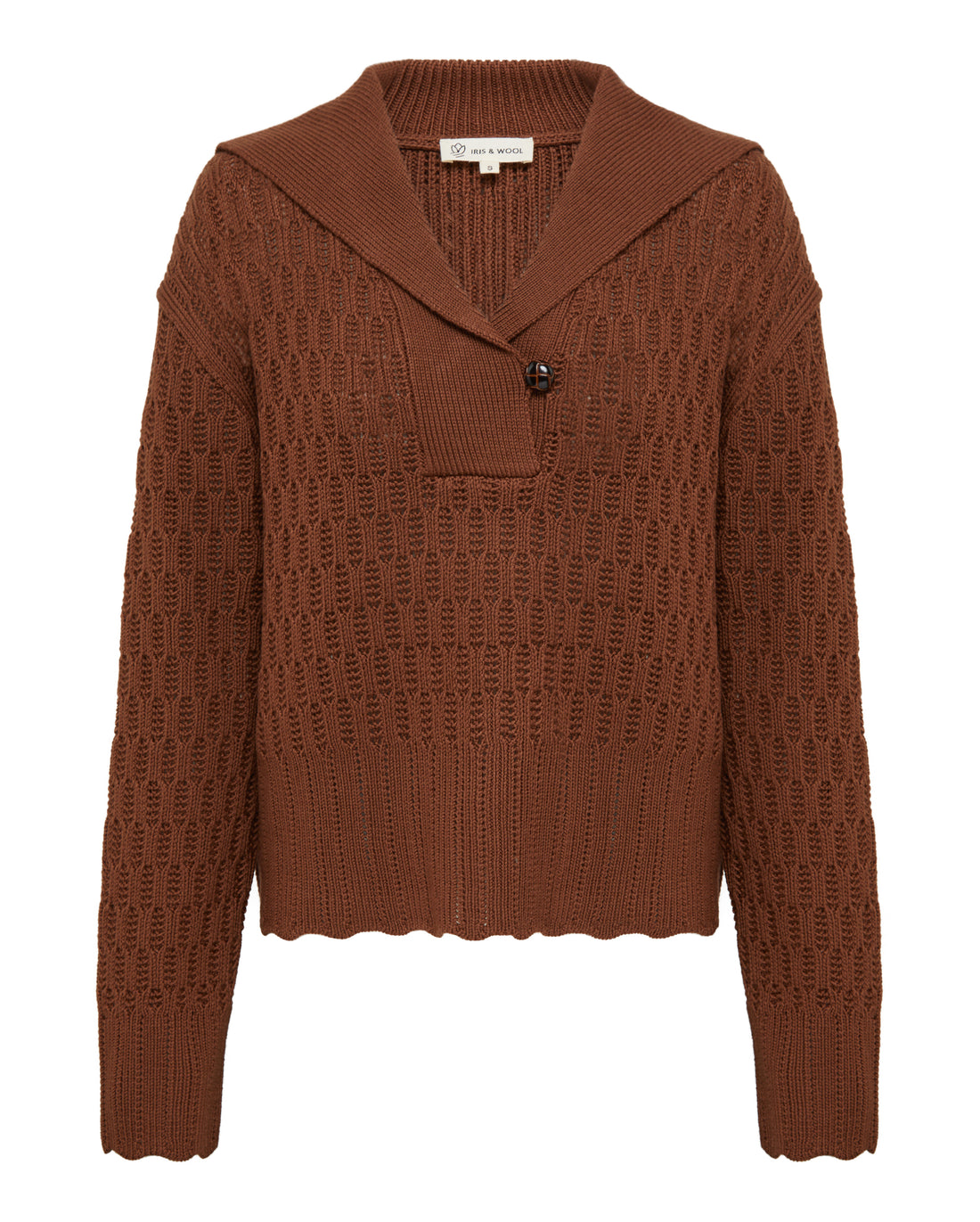 Close-up of Brown Wool Sweater – ribbed knit texture with elegant sailor collar