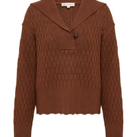 Close-up of Brown Wool Sweater – ribbed knit texture with elegant sailor collar