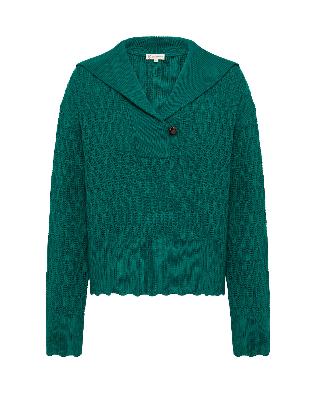 Close-up of Emerald Wool Sweater – ribbed texture and sailor-inspired collar details