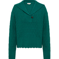 Close-up of Emerald Wool Sweater – ribbed texture and sailor-inspired collar details