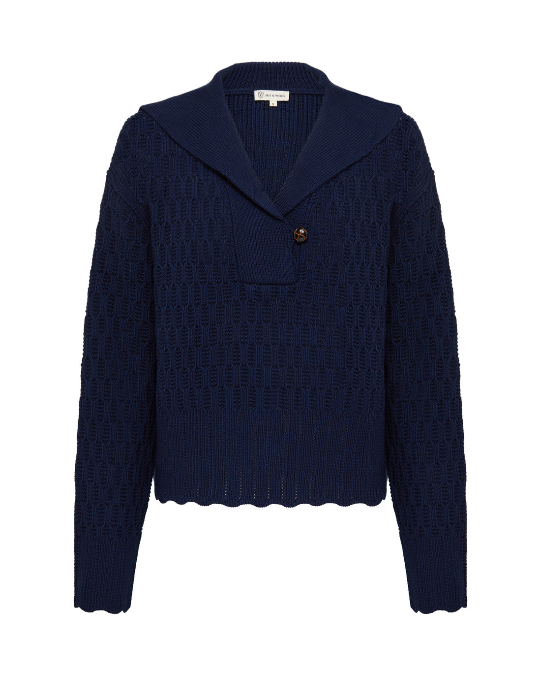 Close-up of Navy Wool Sweater – ribbed knit texture and tailored sailor collar