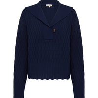 Close-up of Navy Wool Sweater – ribbed knit texture and tailored sailor collar