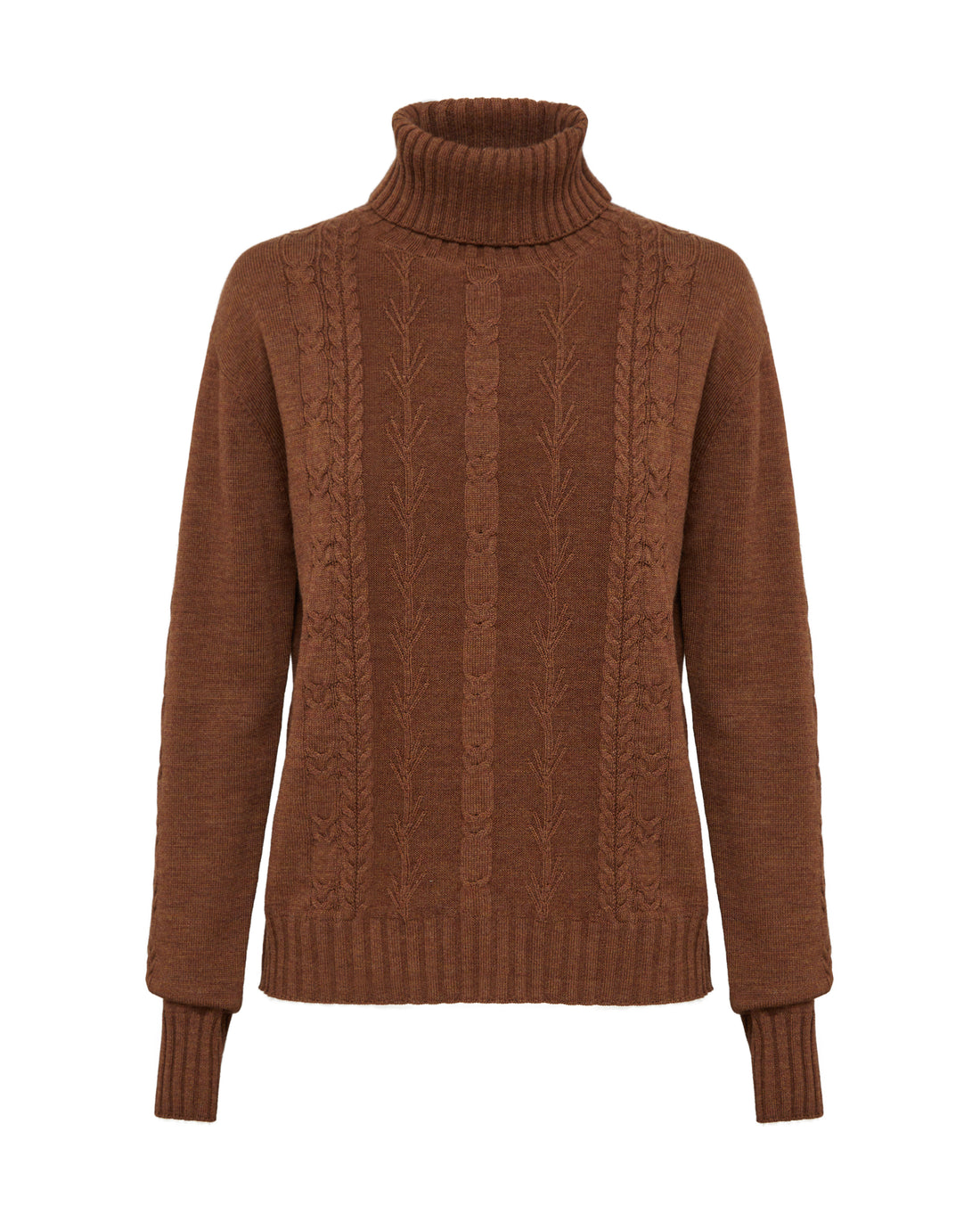 Close-up of Walnut Wool Sweater – intricate wheat-inspired cable knit pattern