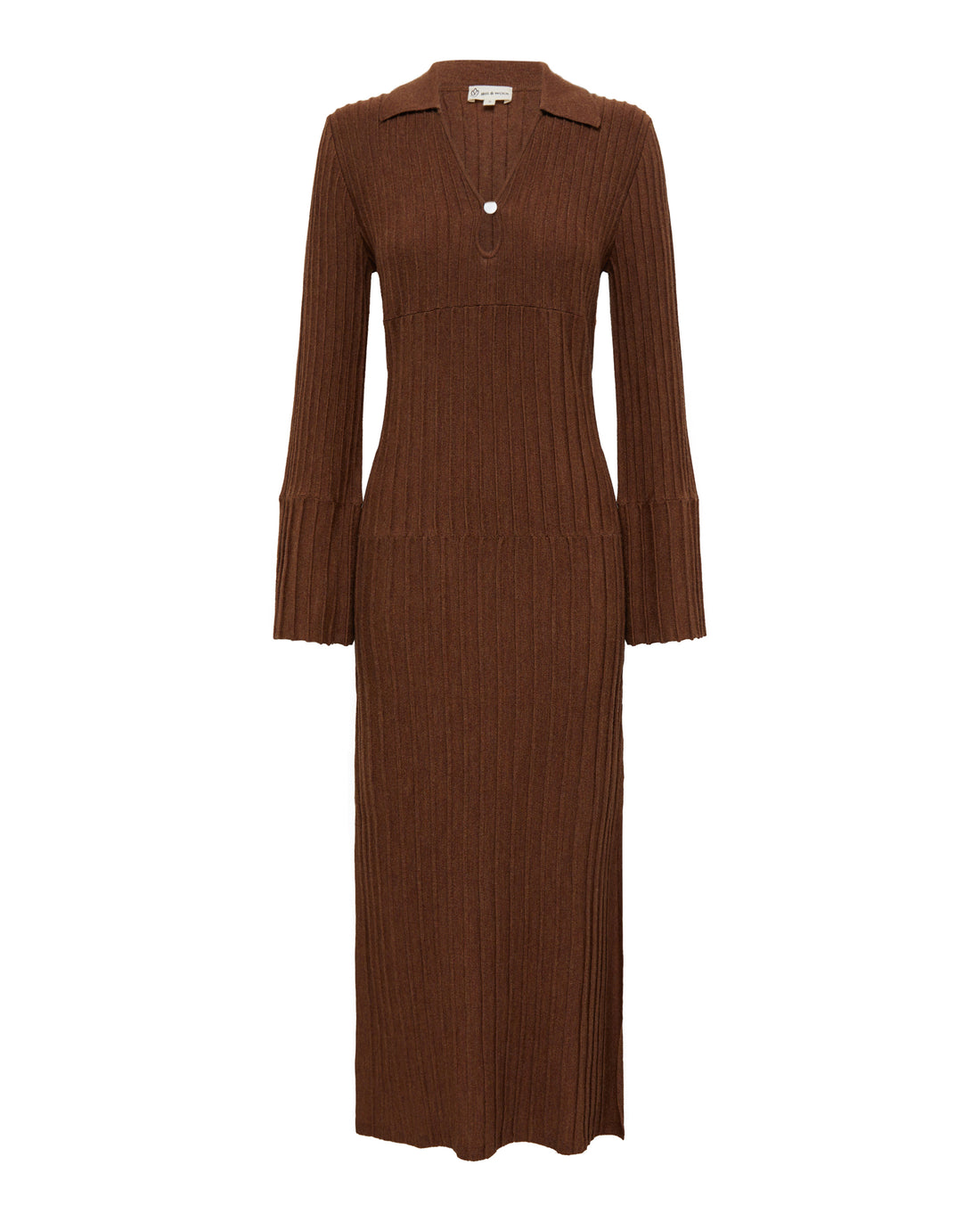 Close-up of Brown Wool Dress – ribbed knit detail and elegant V-neckline